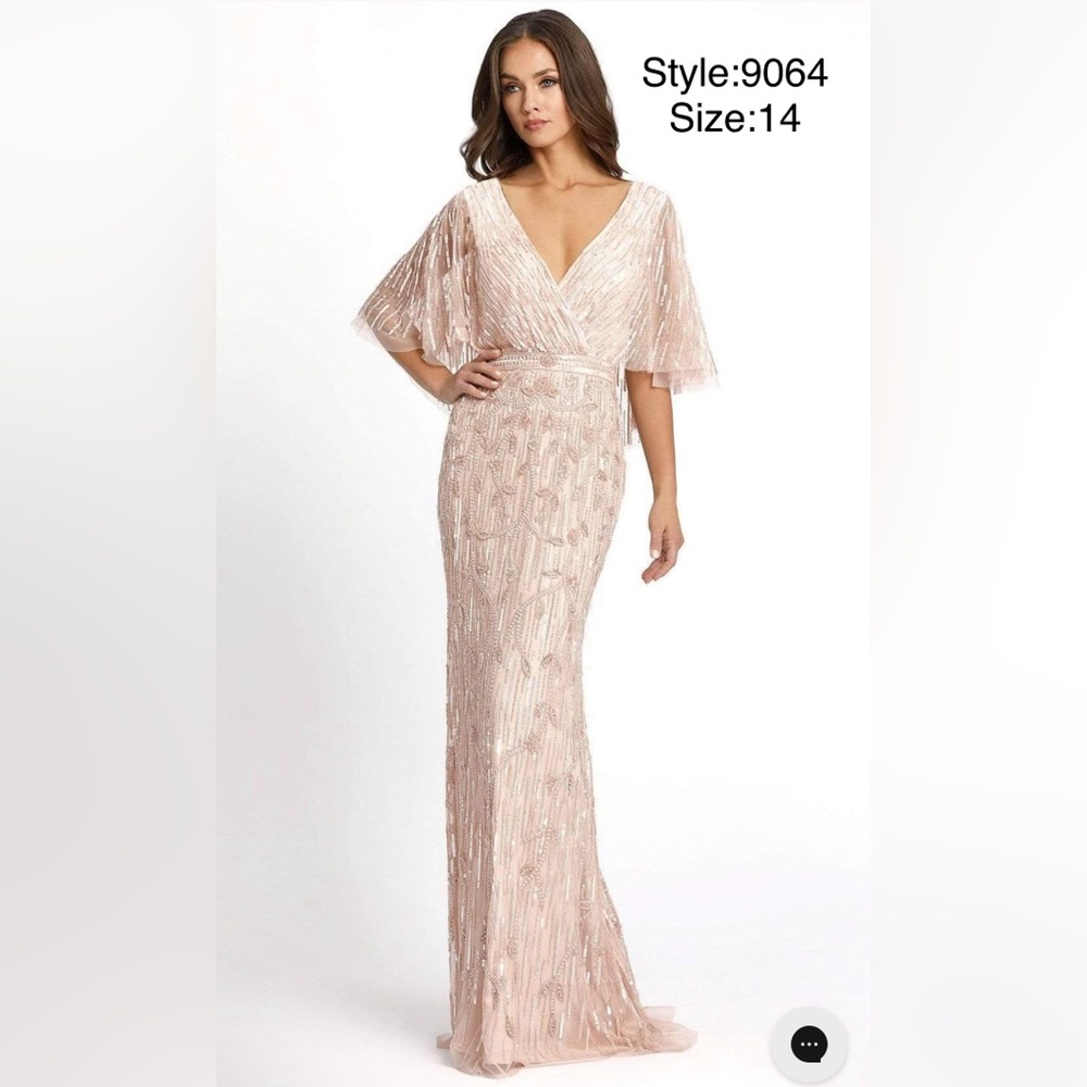 Embellished cap sleeve faux wrap trumpet gown